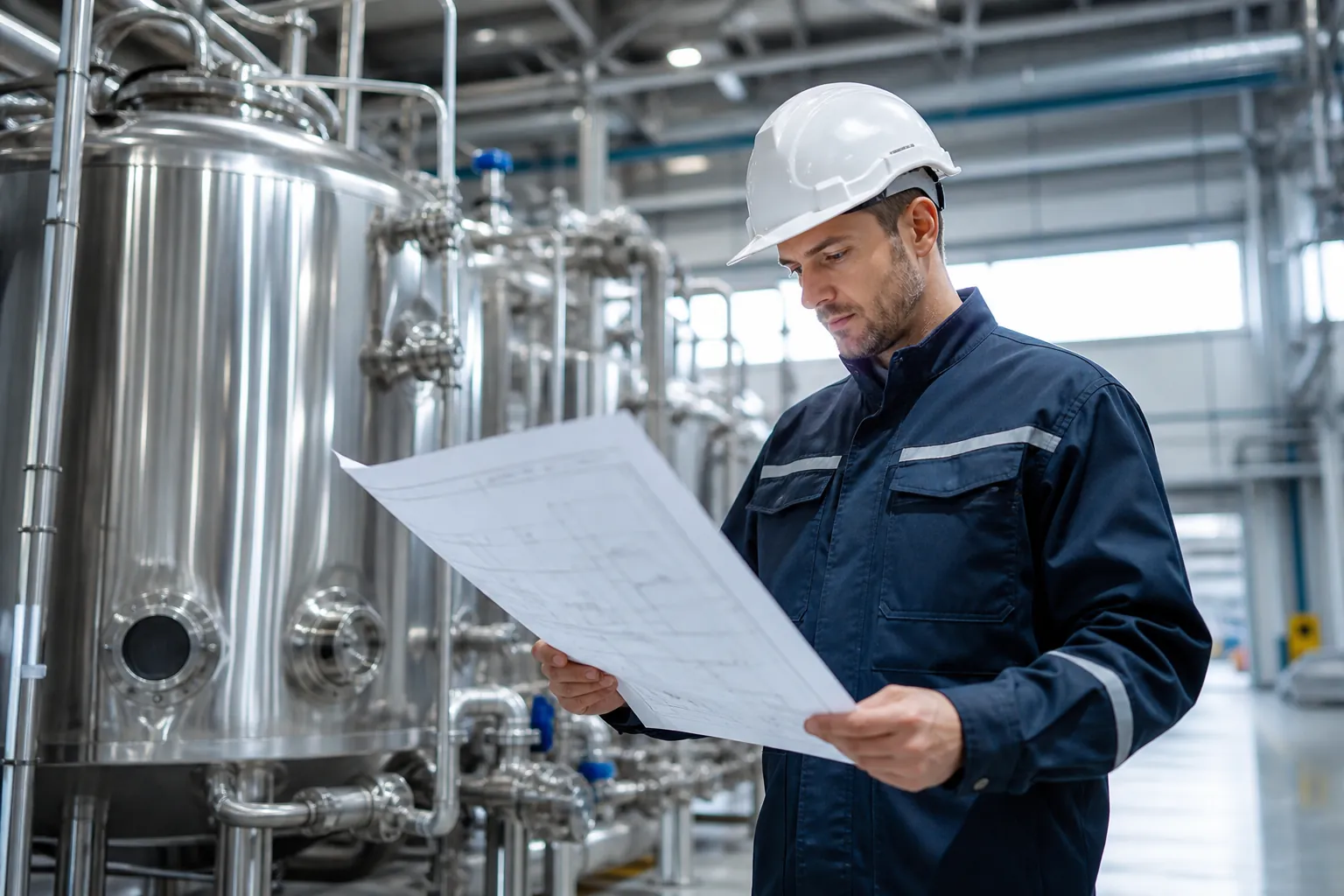 Inżynier budowy analizujący dokumentację przy instalacji technologicznej