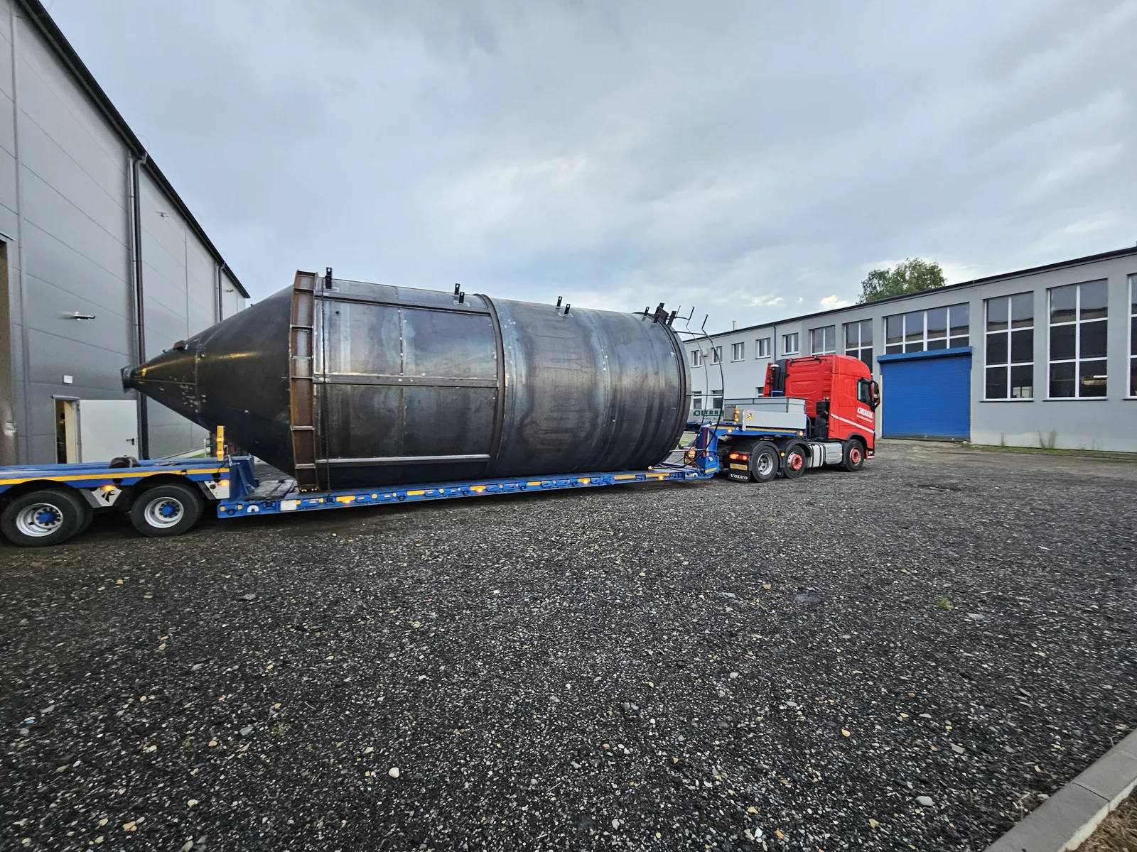Silo being transported on the road to the customer